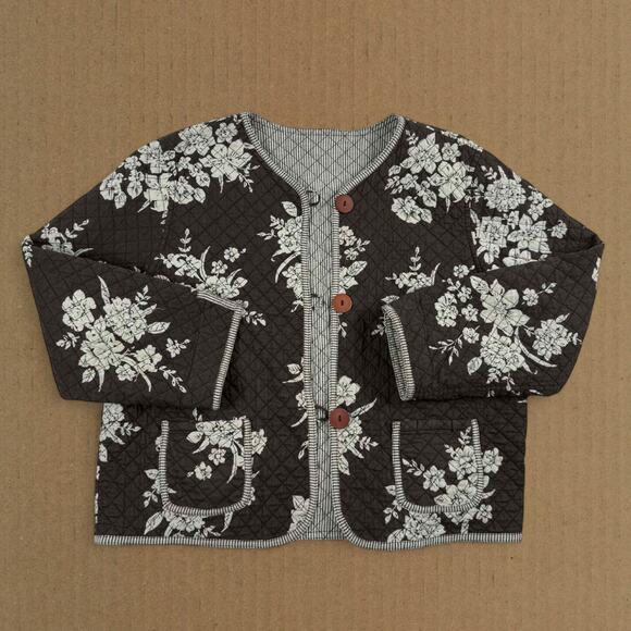 Vintage Quilt Floral Striped Reversible Brown Gray Jacket Fits like Short Large - Picture 1 of 7